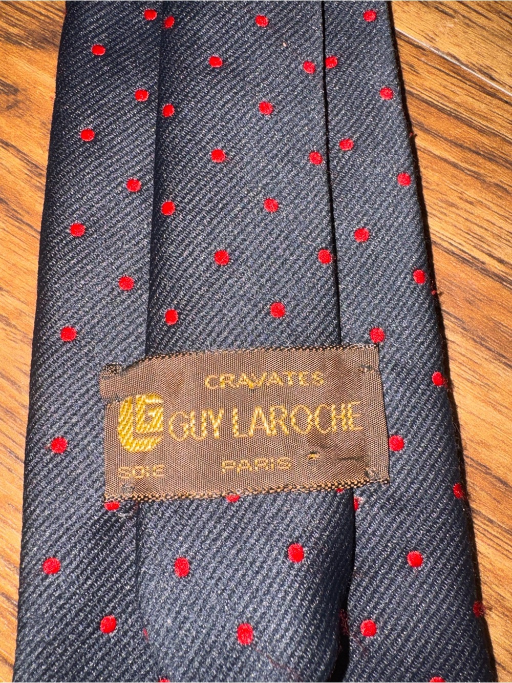Guy Laroche Navy Tie with Red Polka Dot Pattern